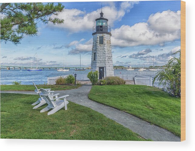 Chairs At Newport Harbor Lighthouse Wood Print featuring the photograph Chairs At Newport Harbor Lighthouse by Brian MacLean