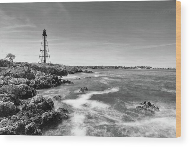 Longexposure Long Exposure Spirit Of The Atlantic Ocean Sea Seaside Oceanside Water Rocky Rocks Coast Coastal Sky Outside Outdoors Brian Hale Brianhalephoto Ma Mass Massachusetts Chandler Hovey Park Marblehead Newengland New England U.s.a. Usa Light House Lighthouse Black And White Bnw Oil Rig Wood Print featuring the photograph Chandler Hovey Park Lighthouse by Brian Hale