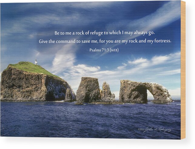 Photograph Wood Print featuring the photograph Channel Island National Park - Anacapa Island Arch with Bible Verse by John A Rodriguez