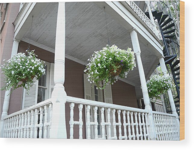 Charleston Historical District Homes Wood Print featuring the photograph Charleston Historical District Front Porch Flowers - Charleston Homes Architecture by Kathy Fornal
