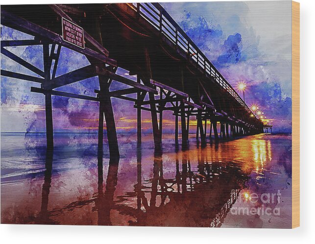 Cherry Grove Wood Print featuring the digital art Cherry Grove Pier Sunrise Watercolor by David Smith