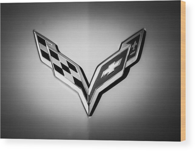 Chevrolet Corvette Emblem Wood Print featuring the photograph Chevrolet Corvette Emblem -0406bw by Jill Reger
