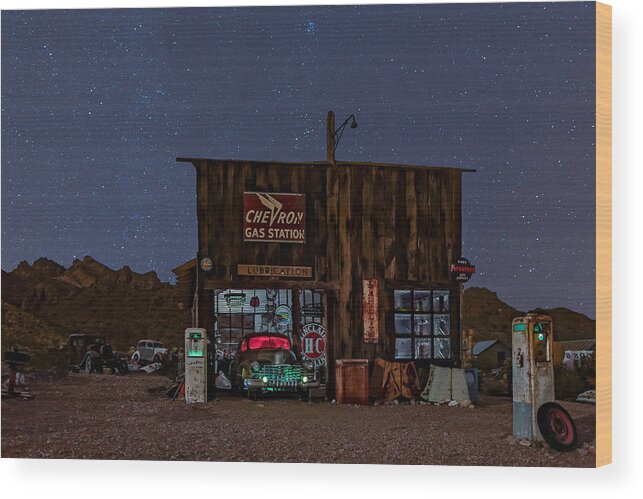 Chevron Wood Print featuring the photograph Chevron Gas Station Under The Stars by Susan Candelario