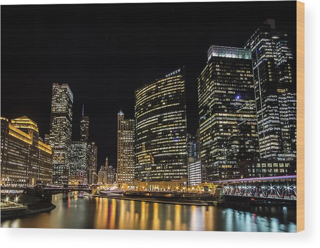 Chicago Skyline Wood Print featuring the photograph Chicago night skyline from wolf point by Sven Brogren