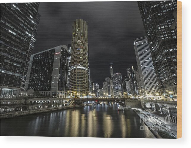 Chicago Wood Print featuring the photograph Chicago Riverfront Skyline at Night by Keith Kapple