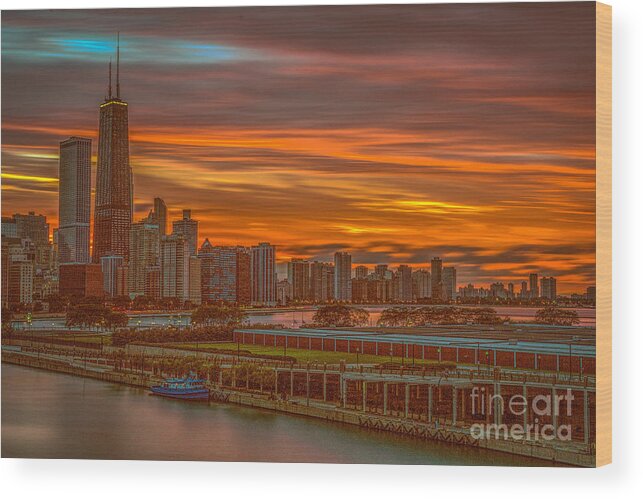 Chicago Wood Print featuring the photograph Chicago skyline at sunset by Izet Kapetanovic