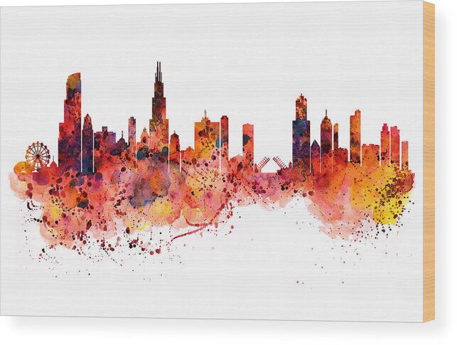 Chicago Wood Print featuring the painting Chicago watercolor skyline by Marian Voicu
