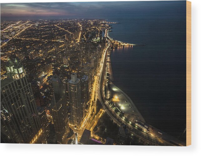 John Hancock Wood Print featuring the photograph Chicago's north side from above at night by Sven Brogren