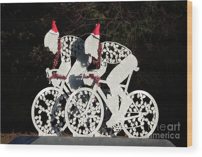 Christmas Cycling Dorking Surrey Uk Fun Santa Hats Wood Print featuring the photograph Christmas Cycling Dorking Surrey UK by Julia Gavin