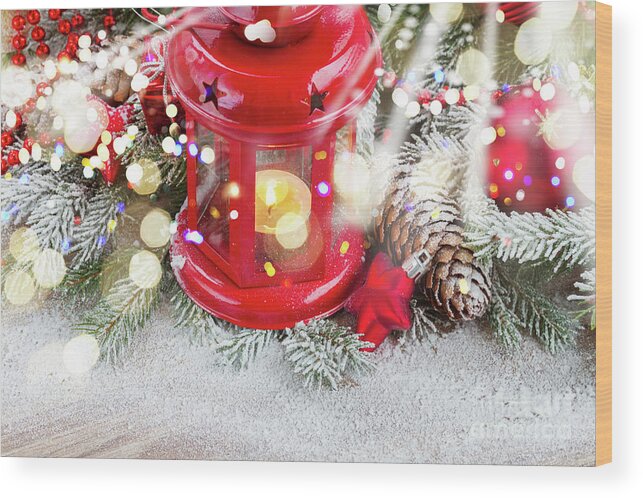Christmas Wood Print featuring the photograph Christmas Red Lantern by Anastasy Yarmolovich
