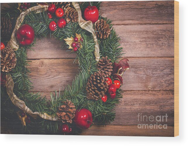 Authentic Wood Print featuring the photograph Christmas wreath by Jane Rix