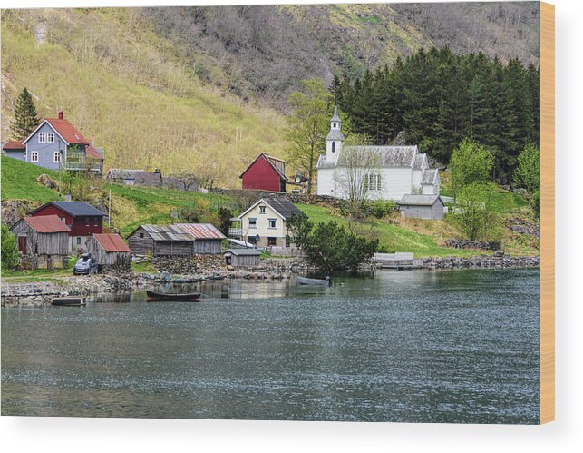 Norway Wood Print featuring the photograph Church along the Fjord by Betty Eich