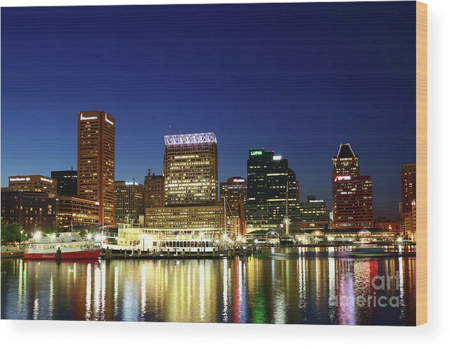 Baltimore Wood Print featuring the photograph City Lights Reflected in Baltimore Inner Harbor at Twilight by James Brunker