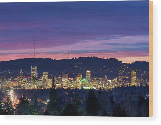 Portland Wood Print featuring the photograph City of Portland Oregon Skyline at Twilight by David Gn