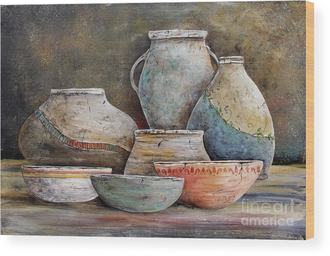 Pottery Wood Print featuring the painting Clay Pottery Still Lifes-A by Jean Plout