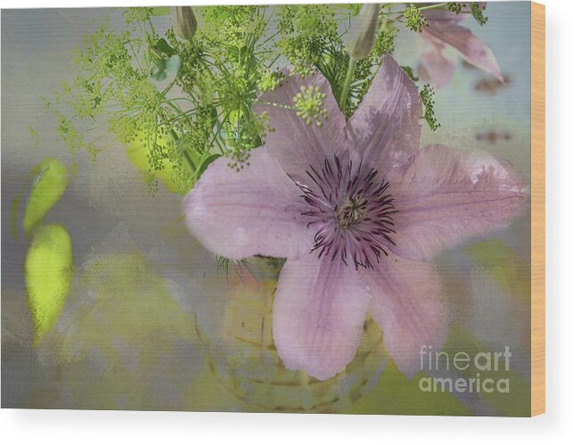 Clematis Wood Print featuring the mixed media Clematis in a Vase by Eva Lechner