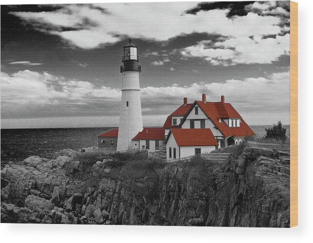 Seascape Wood Print featuring the photograph Clouds over Portland Head Lighthouse 3 - BW by Lou Ford