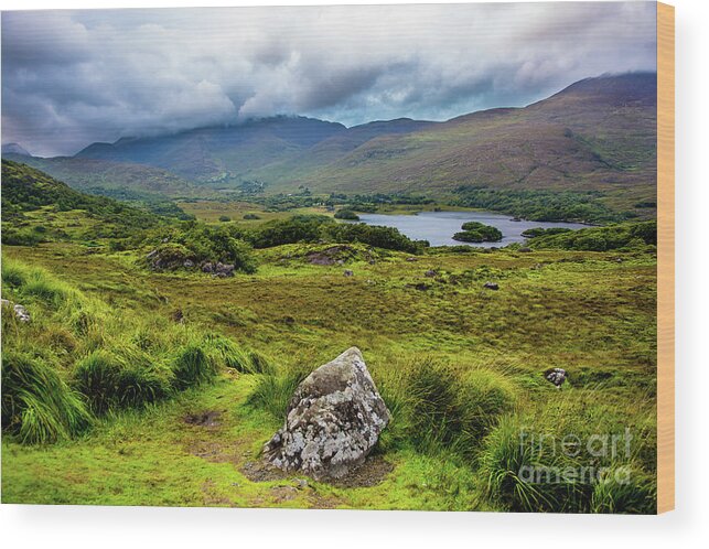 Ireland Wood Print featuring the photograph Cloudy Hills and Lake in Ireland by Andreas Berthold
