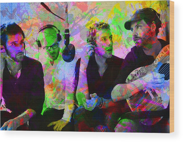 Coldplay Wood Print featuring the mixed media Coldplay Band Portrait Paint Splatters Pop Art by Design Turnpike