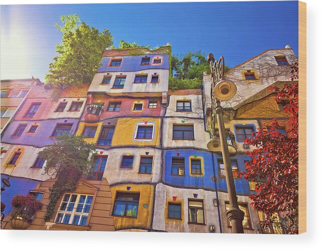 Vienna Wood Print featuring the photograph Colorful Hundertwasserhaus architecture of Vienna view by Brch Photography