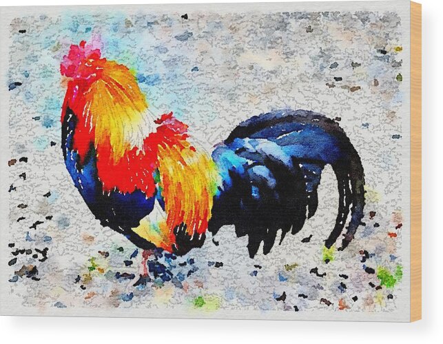 Waterlogue Wood Print featuring the painting Colorful Rooster by Sandra Lee Scott