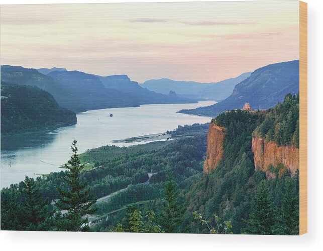 Sunset Wood Print featuring the photograph Columbia River With Vista House by Mary Jo Allen