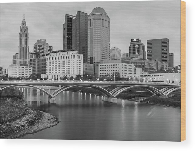 Columbus Skyline Wood Print featuring the photograph Columbus Ohio Downtown Skyline Black and White by Gregory Ballos