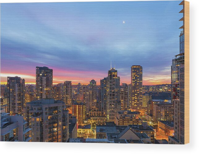 Vancouver Wood Print featuring the photograph Condominium Buildings in downtown Vancouver BC at Sunrise by David Gn