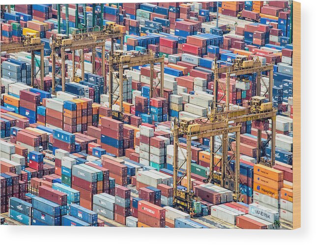 Containers Wood Print featuring the photograph Piles of containers in the harbor of Singapore by Delphimages Photo Creations