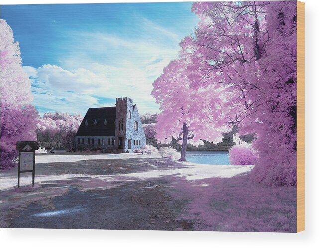 Old Stone Church West Boylston W W. Architecture Stonewall Outside Outdoors Sky Clouds Trees Bushes Brush Grass Geese Birds Newengland New England U.s.a. Usa Brian Hale Brianhalephoto Ir Infrared Infra Red Historic Wood Print featuring the photograph Cotton Candy Church by Brian Hale