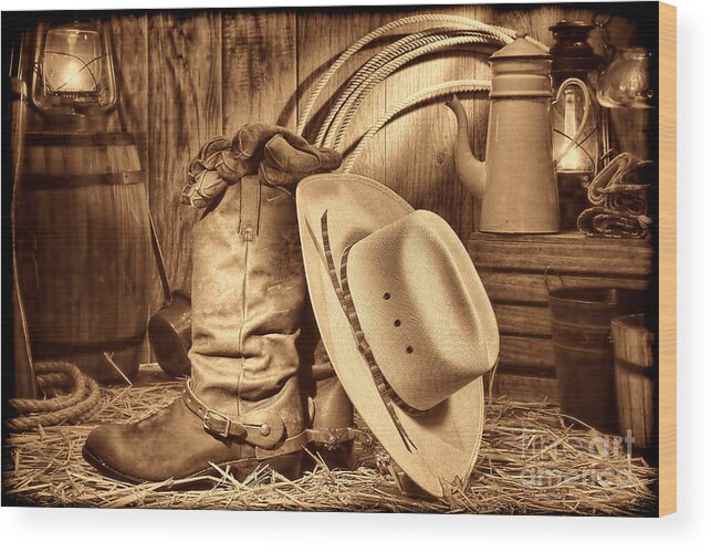 Cowboy Wood Print featuring the photograph Cowboy Gear in Barn by American West Legend By Olivier Le Queinec