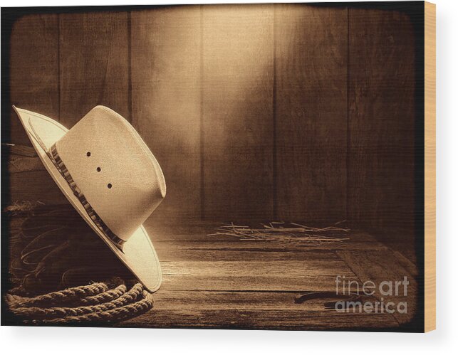 Western Wood Print featuring the photograph Cowboy Hat in the Old Barn by American West Legend By Olivier Le Queinec