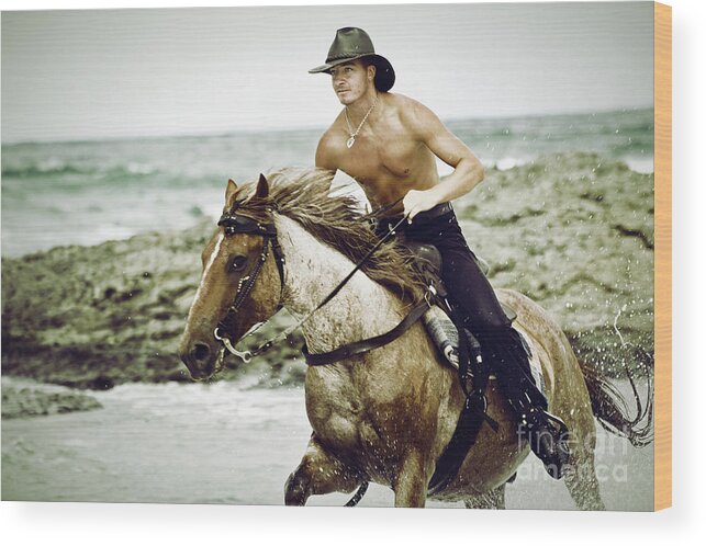 Horse Wood Print featuring the photograph Cowboy riding horse on the beach by Dimitar Hristov