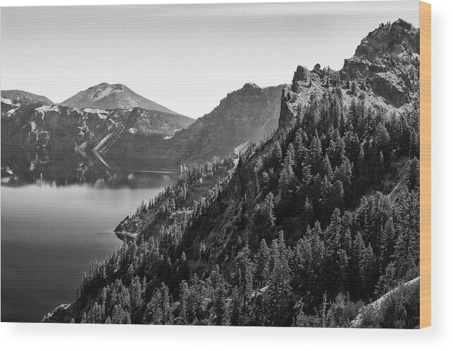 Crater Lake West Rim Wood Print featuring the photograph Crater Lake 4 Black and White by Frank Wilson