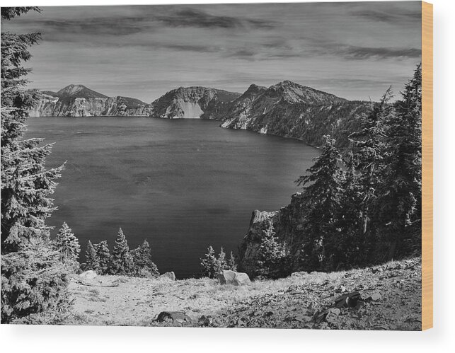 Crater Lake Wood Print featuring the photograph Crater lake View in BW by Frank Wilson