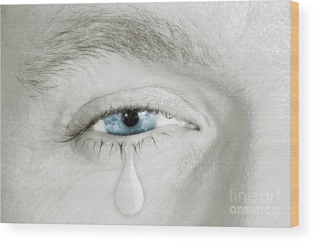 Black And White Wood Print featuring the pyrography Crying blue right eye by Benny Marty