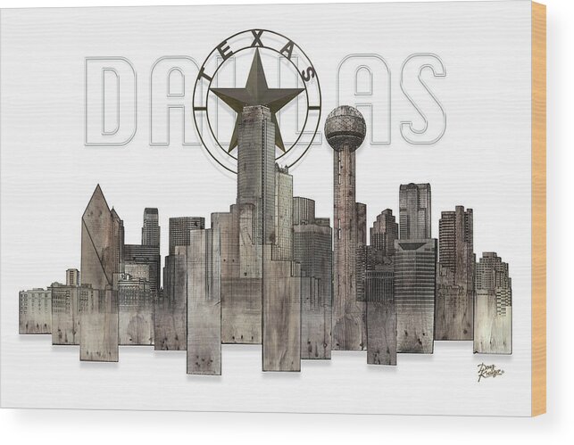 Dallas Texas Skyline Artwork By Doug Kreuger Wood Print featuring the digital art Dallas Texas Skyline by Doug Kreuger