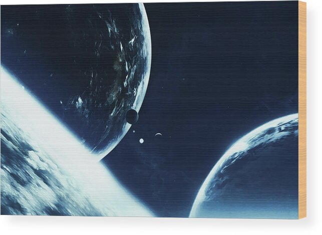 Planets And Stars Wood Print featuring the painting Dancing in the Solar System by AM FineArtPrints