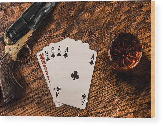 Black Wood Print featuring the photograph Dead Mans Hand a Gun and a Shot of Whiskey by Semmick Photo