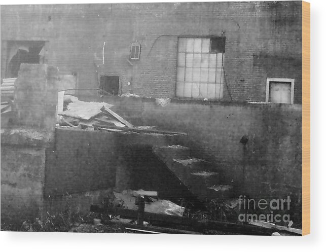 Photography Factory Stairs Stone Windows Glass Black And White Deconstruction Wood Print featuring the photograph Death of a Factory by Reb Frost