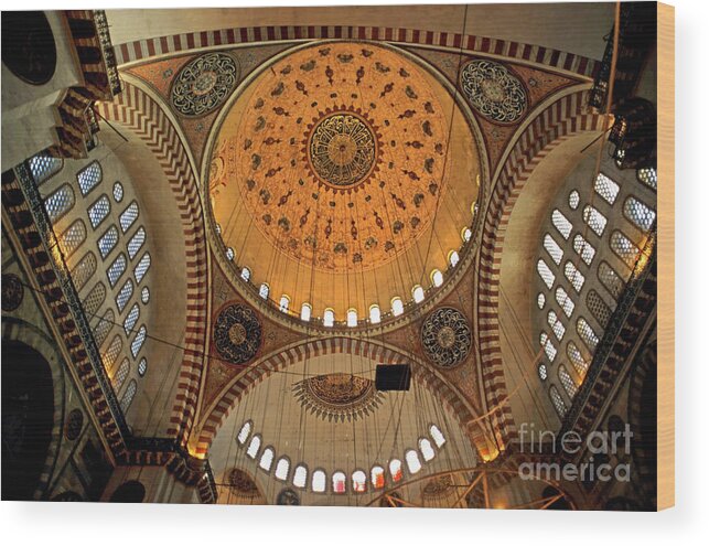 Architectural Wood Print featuring the photograph Decorated dome and windows inside the Suleymaniye Mosque in Istanbul by Sami Sarkis