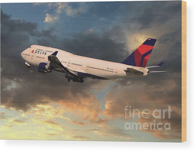 Delta Wood Print featuring the digital art Delta Airlines Boeing 747 N633US by Airpower Art