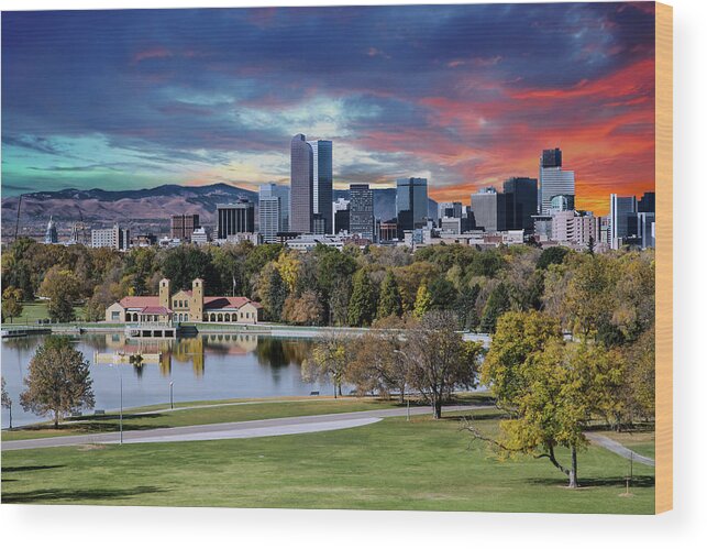 Denver Wood Print featuring the photograph Denver Skyline and Mountains Beyond Lake by Darryl Brooks