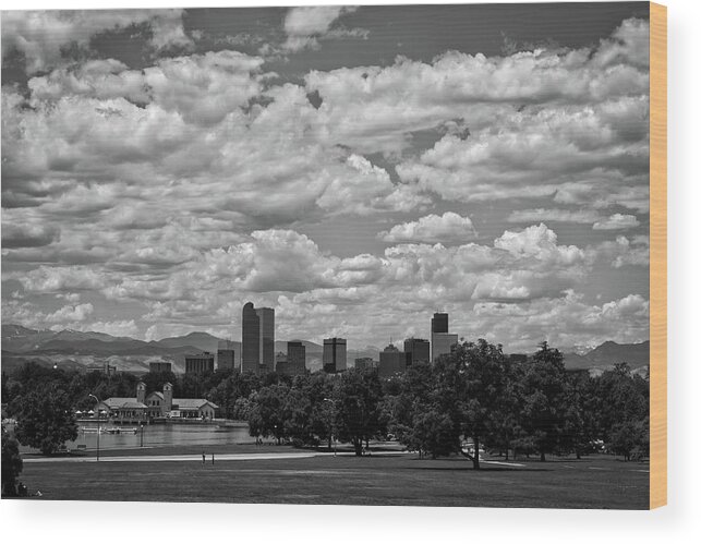 Black And White Wood Print featuring the photograph Denver Skyline with mountains by FineArtRoyal Joshua Mimbs