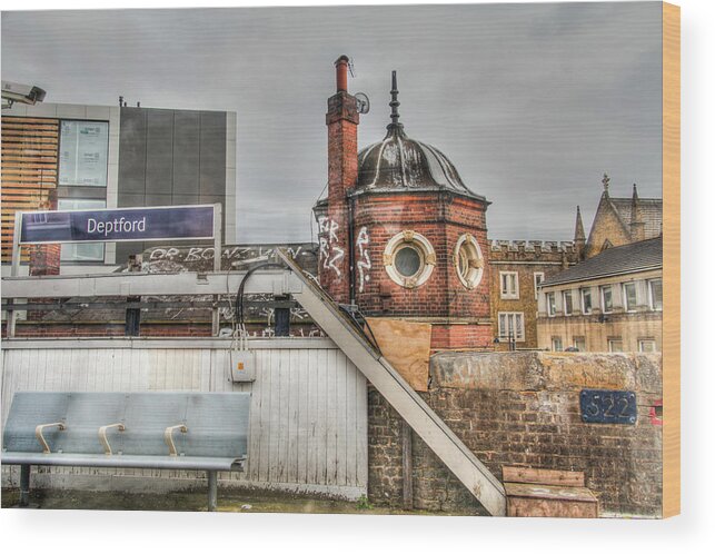 Deptford Station Tube Train London England Uk Britain Gritty Skies Surreal Graffiti Wood Print featuring the photograph Deptford Station by Ross Henton