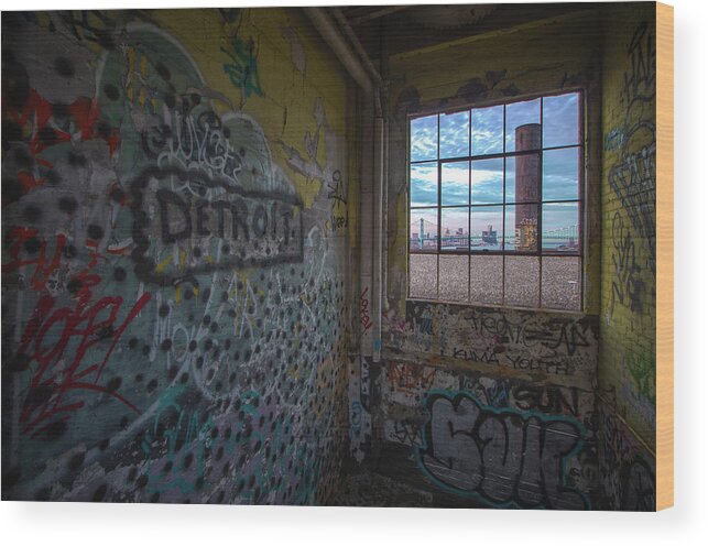 Urbex Wood Print featuring the photograph Detroit skyline through the Harbor Terminal... by Jay Smith