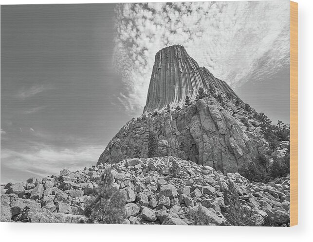 Devil's Tower Wood Print featuring the photograph Devil's Tower, Wyoming, black and white by Jim Hughes