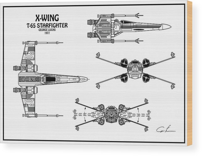 X-wing Wood Print featuring the digital art Diagram Illustration for the T-65 X-Wing Starfighter from Star Wars by SP JE Art