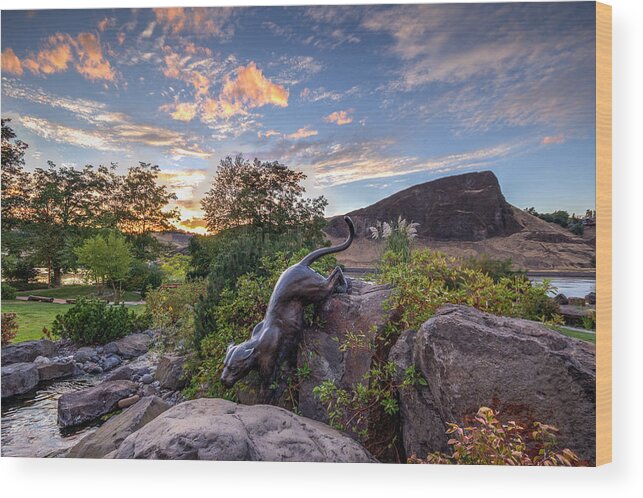  Lc Valley Lewiston Idaho Clarkston Washington Hell's Gate National Park Discovery Center Bronze Cougar Swallow's Nest Rock Sunset Wood Print featuring the photograph Discovery Center Cougar Sculpture by Brad Stinson