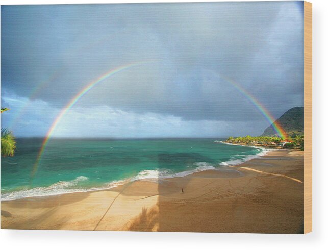 Hawaii Wood Print featuring the photograph Double Rainbow Over Turtle Beach by Vicki Hone Smith